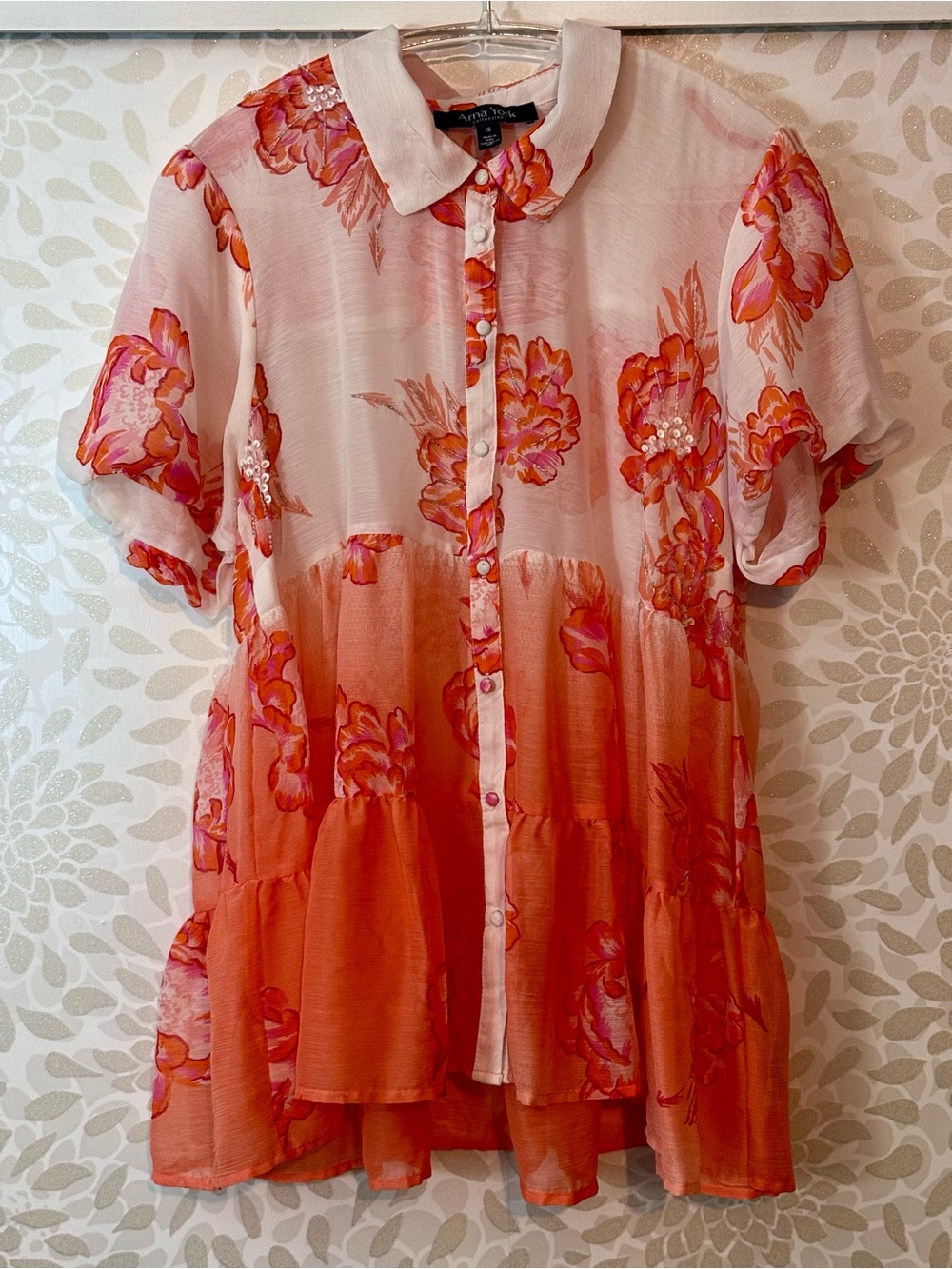 Arna York Women’s 16 XL Orange Flowers + Sequins Button Up Babydoll Top Blouse